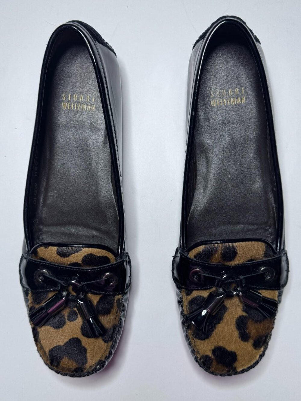 Stuart Weitzman Womens 7.5 Leopard Brown Calf Hair Tassel Flats Loafers Slip On